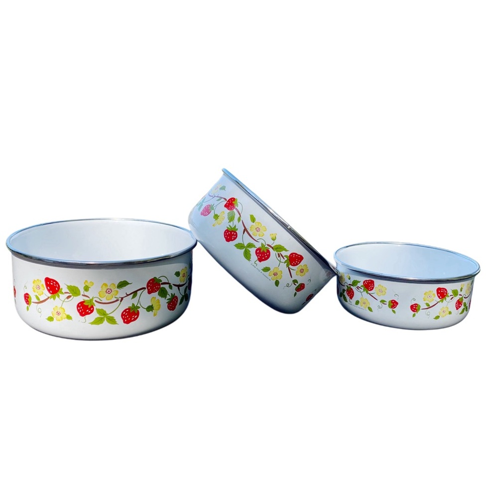 Vintage M Kamenstein Enamel Bowl Set Strawberries Floral Enamelware Nesting Pots